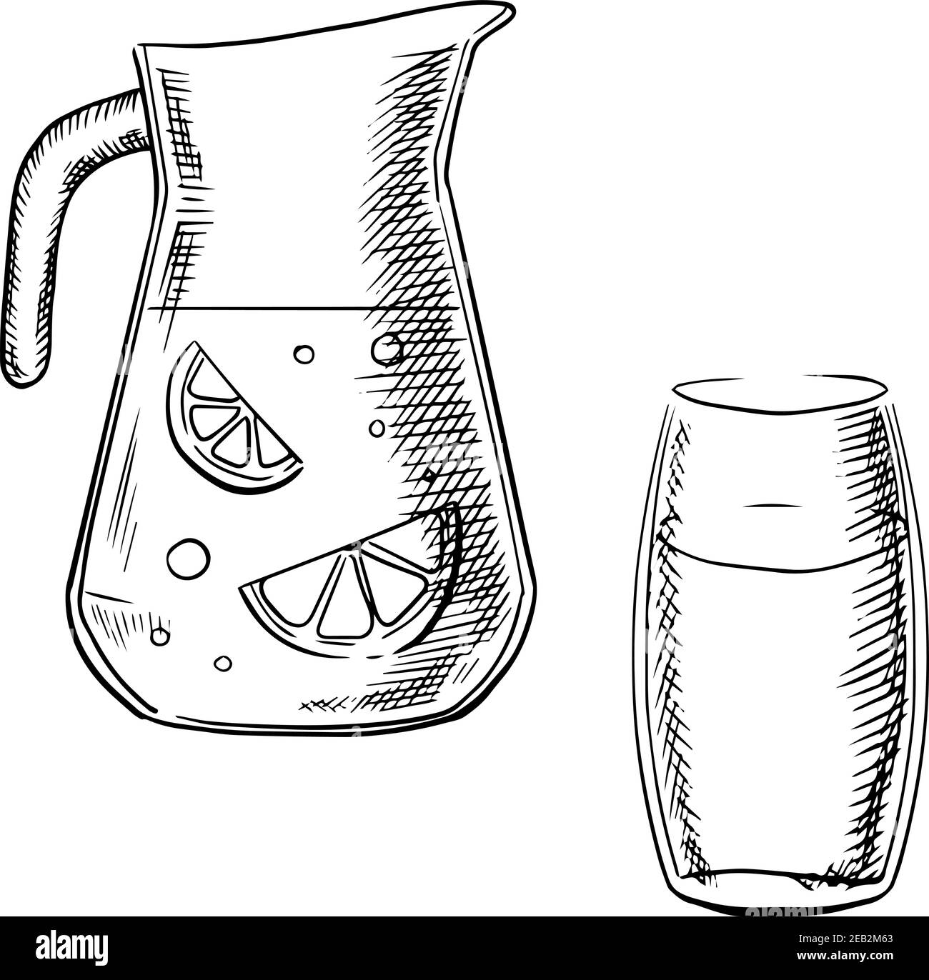 Caraffa e bicchiere ripieni di limonata fresca con fettine di frutta al limone e bolle isolate su sfondo bianco, disegno a forma di contorno Illustrazione Vettoriale