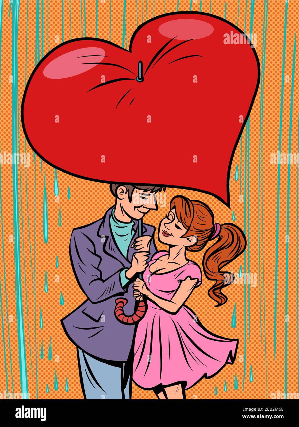 Coppia innamorata sotto un ombrello cuore San Valentino Illustrazione Vettoriale