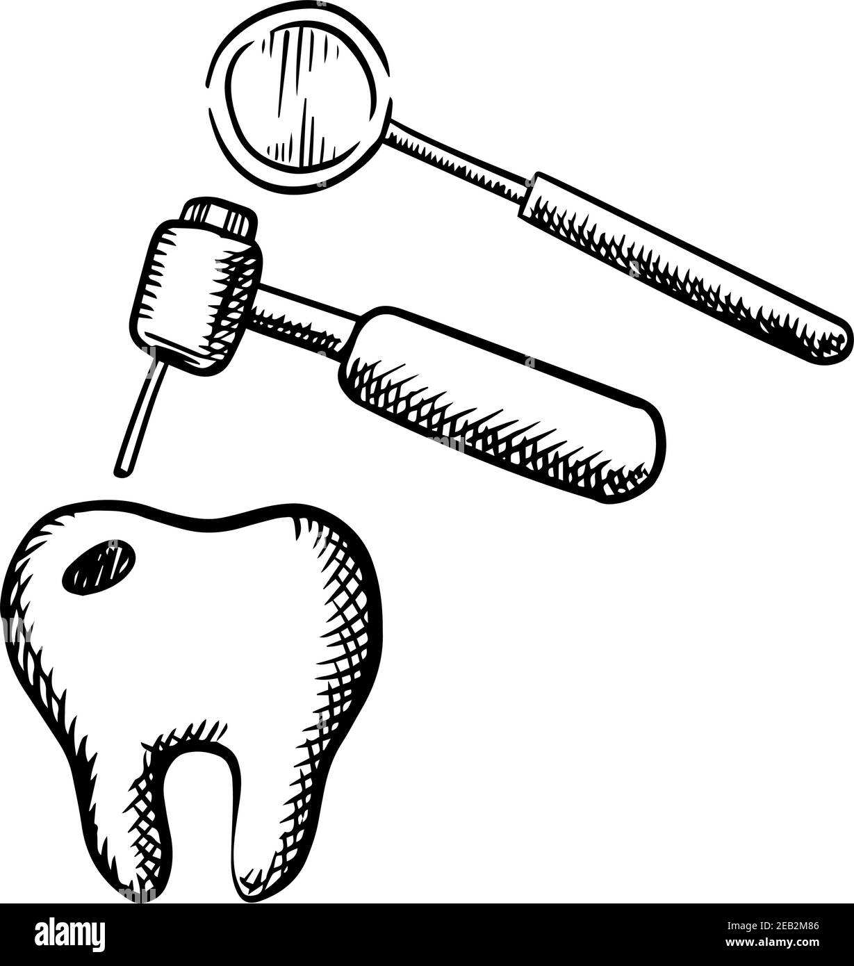Dente con decadimento, trapano dentale e specchio, isolato su sfondo bianco per il trattamento dei denti o disegno odontoiatrico, disegno del contorno Illustrazione Vettoriale