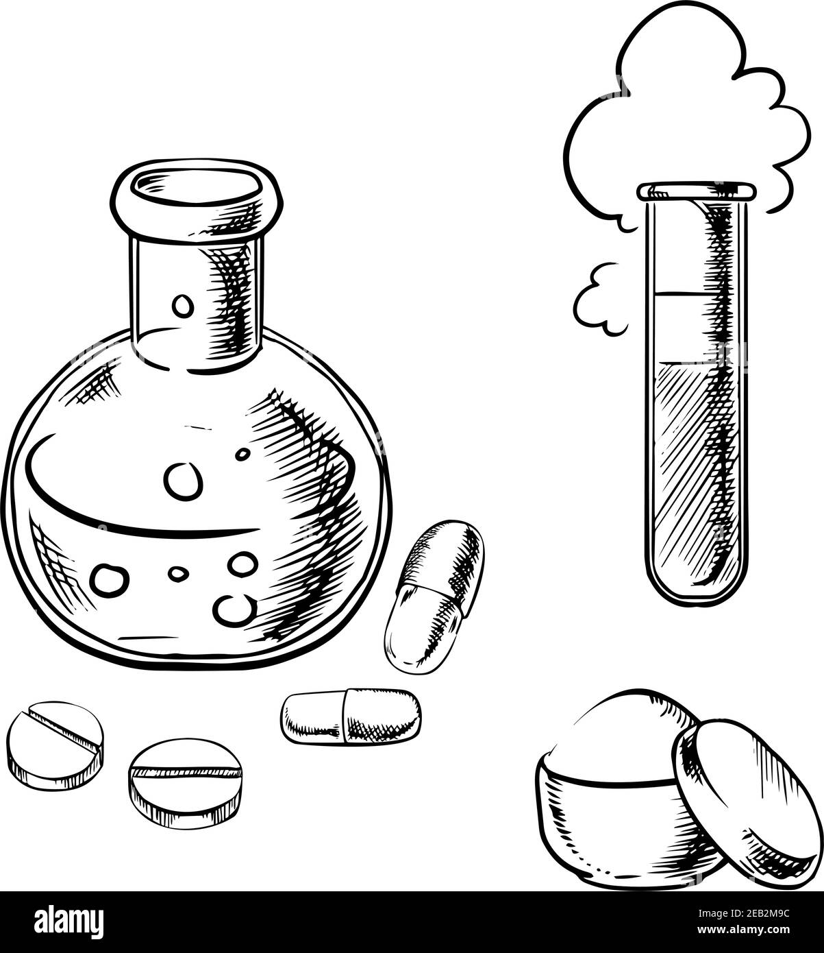 Matraccio e provetta da laboratorio in vetro con bolle e nube, pillole rotonde, capsule e polvere in scatola, per esperimenti chimici o ricerche scientifiche Illustrazione Vettoriale