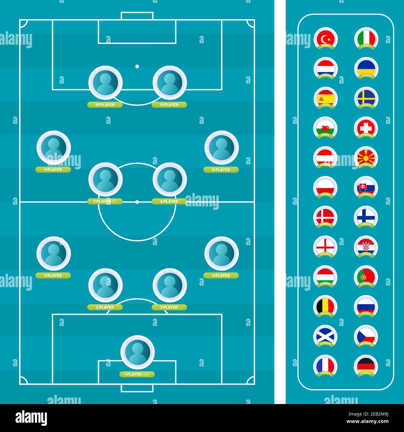 il torneo di calcio 2020 ha trasmesso il disegno di modello grafico.  Formazione di squadra su campo di grafica di calcio per la squadra di  partenza di calcio lineup. Vettore Immagine e