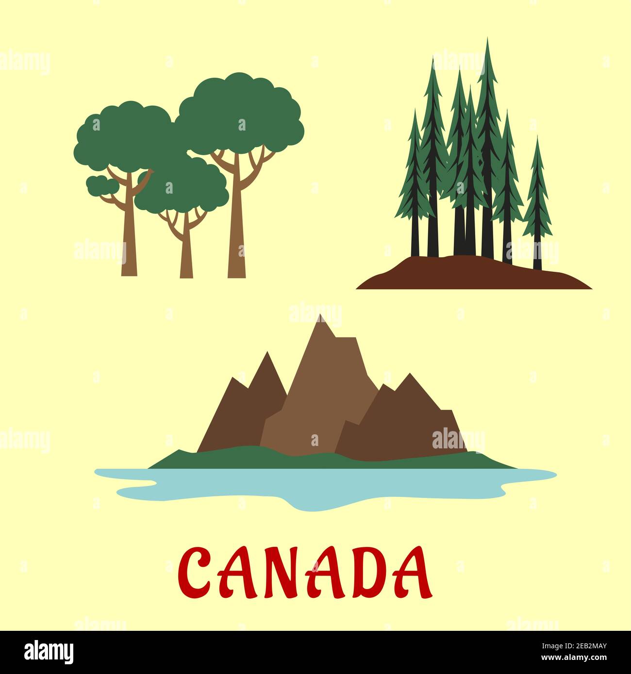 Natura canadese e paesaggio icone piatte con conifere e decidui foresta e montagne rocciose Illustrazione Vettoriale
