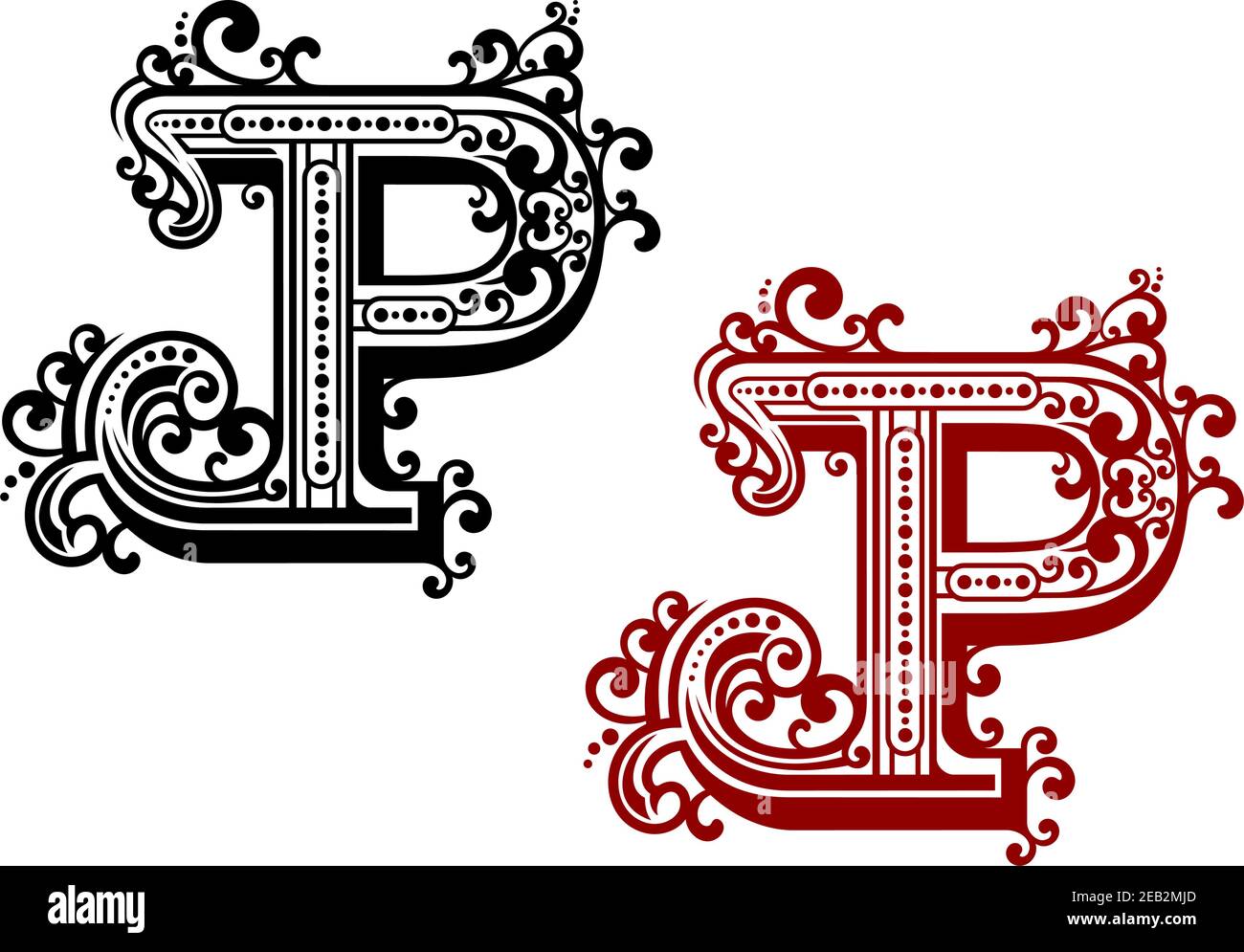 Lettera maiuscola P decorata da fiori ornamentali, linee ondulate e vari punti in stile retrò. Per font medievali o design monogramma Illustrazione Vettoriale