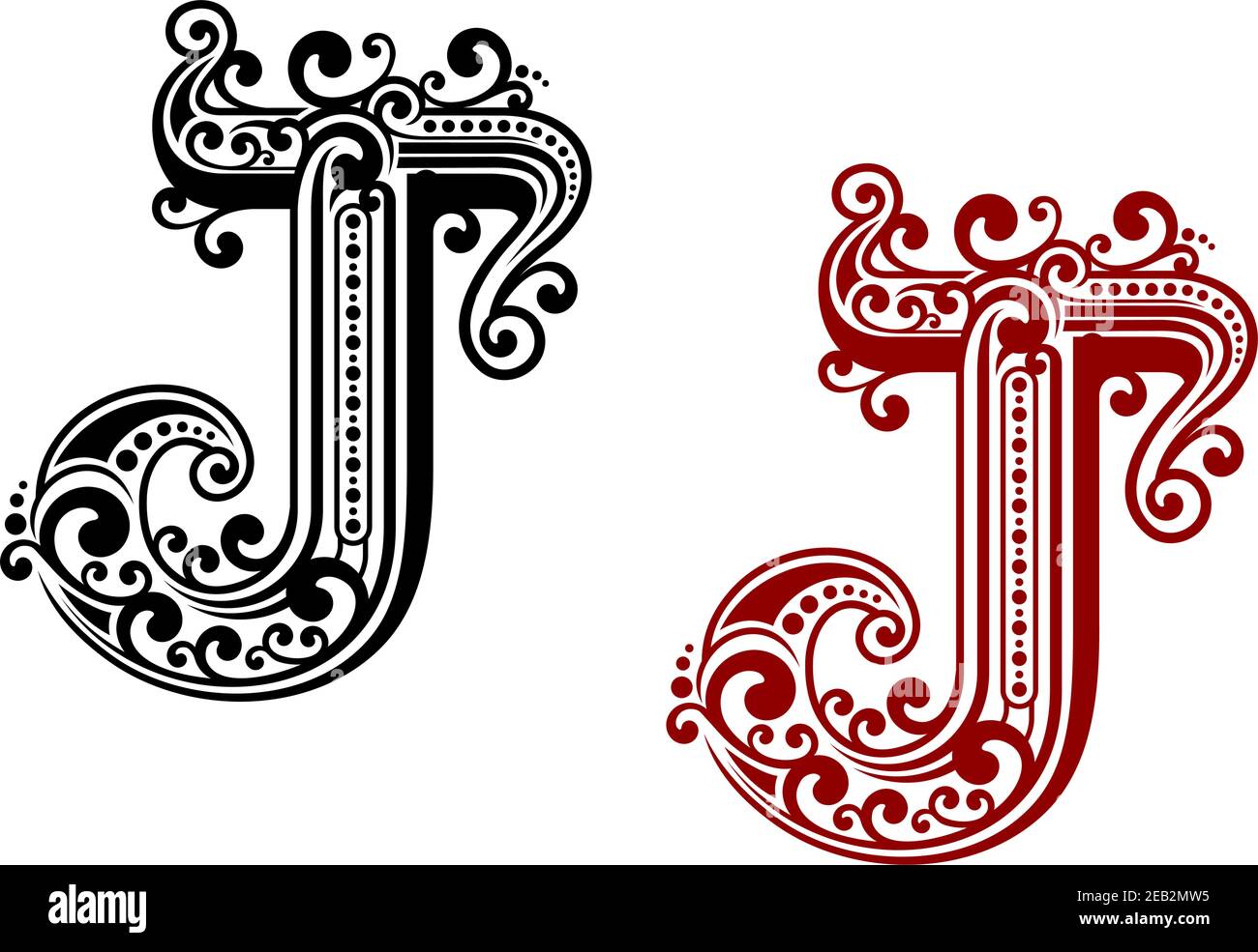 J maiuscola vintage in stile monogramma medievale, adornata da intricate linee tortuose, curlicee ed elementi decorativi calligrafici Illustrazione Vettoriale