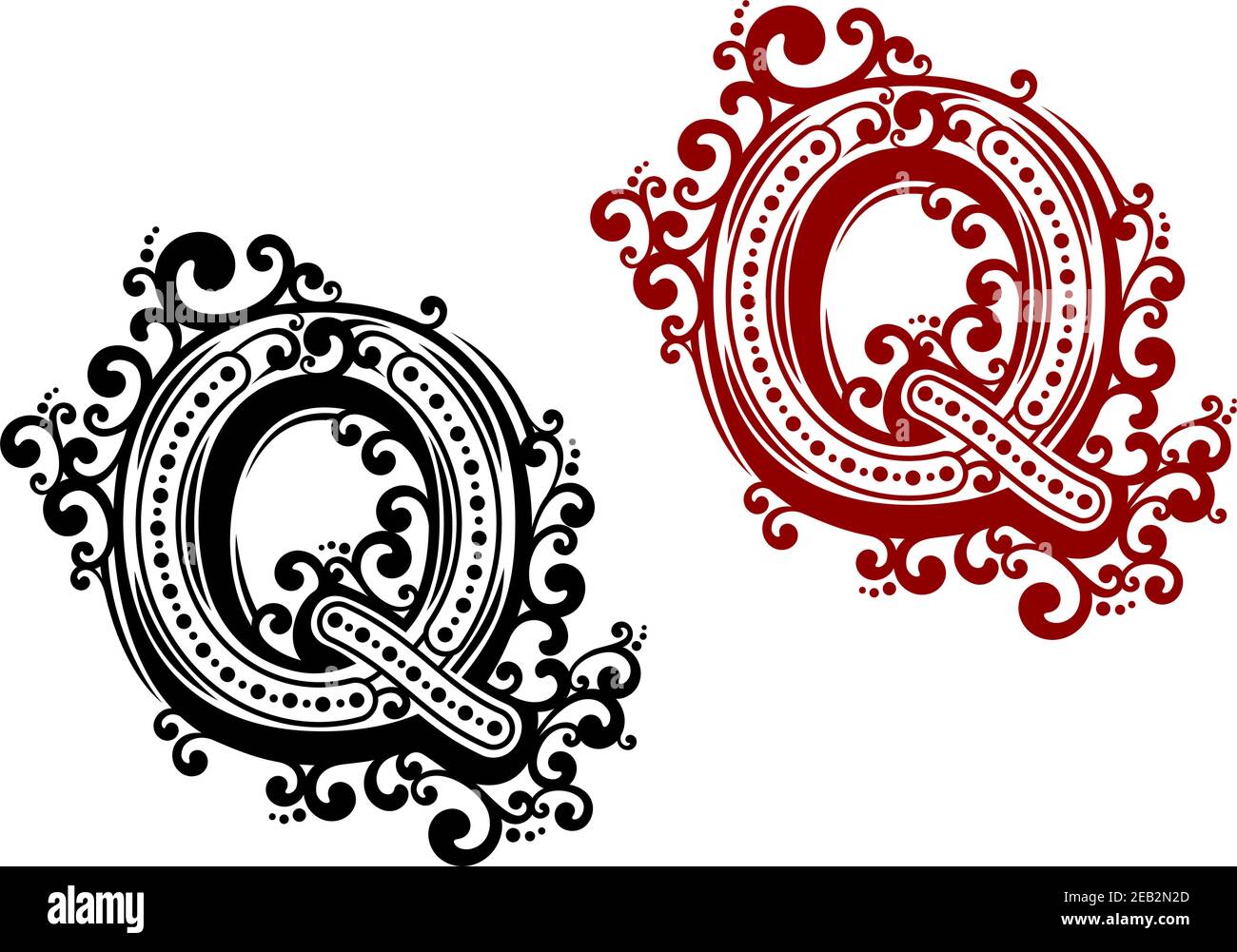 Lettera maiuscola Q stilizzata in stile retrò nei colori nero e rosso con elementi floreali per invito o monogramma design Illustrazione Vettoriale
