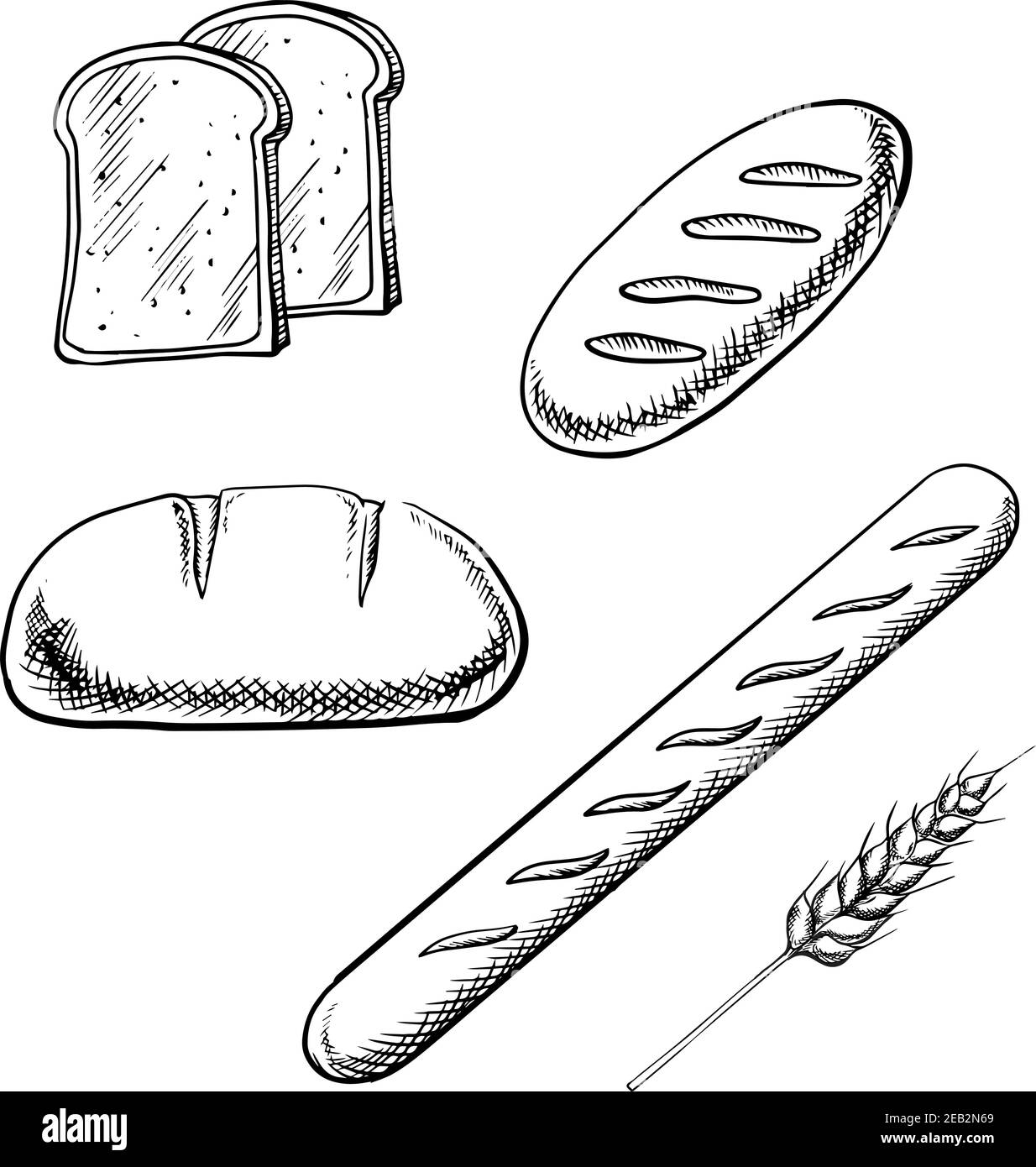 Tostare fette di pane, pagnotte lunghe e baguette francesi con spikelet di grano isolato su sfondo bianco. Icone di stile di schizzo del contorno Illustrazione Vettoriale