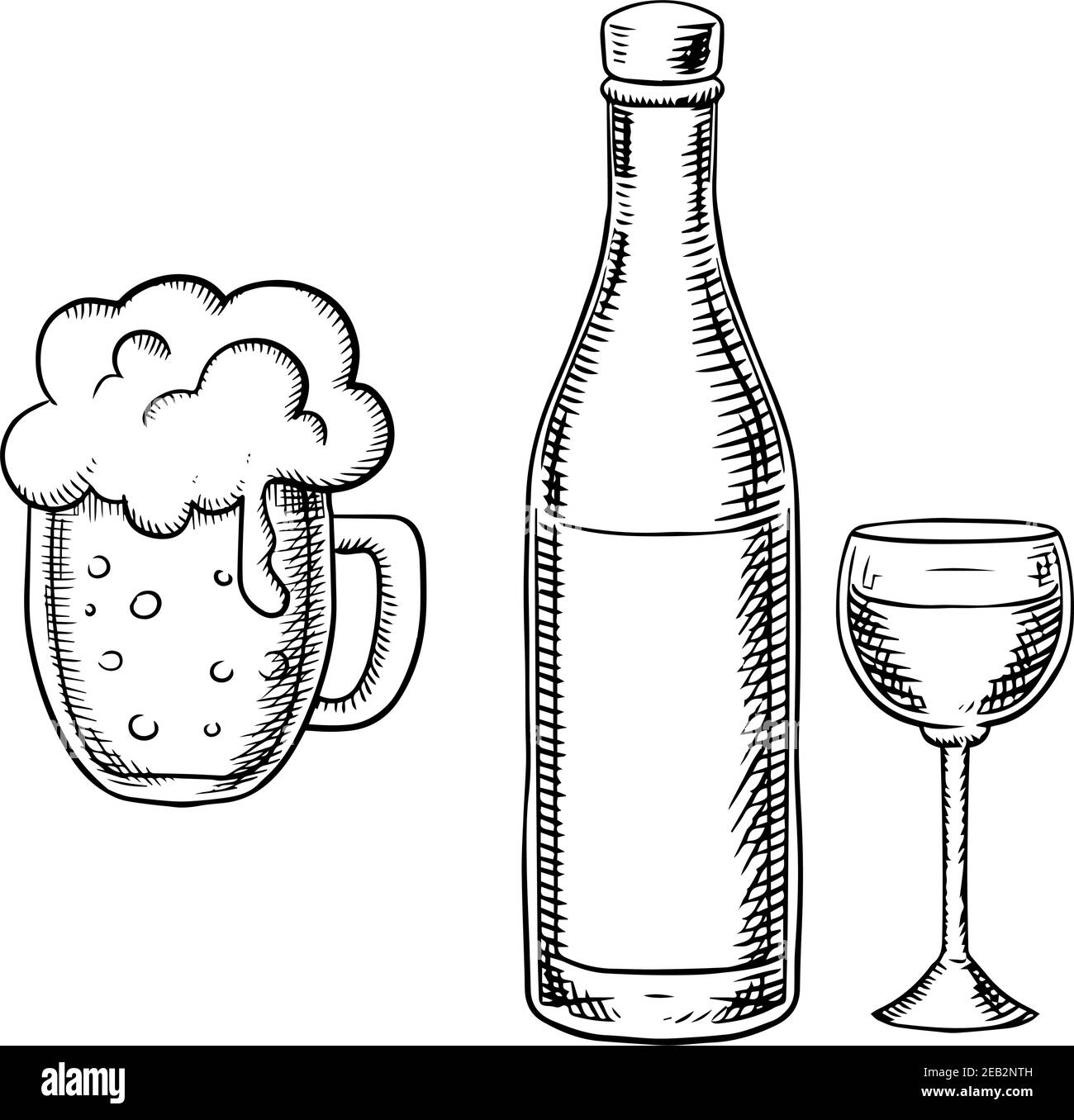 Bottiglia di vino con alto bicchiere di vino e tankard di birra con tappo di schiuma isolato su sfondo bianco, stile schizzo Illustrazione Vettoriale