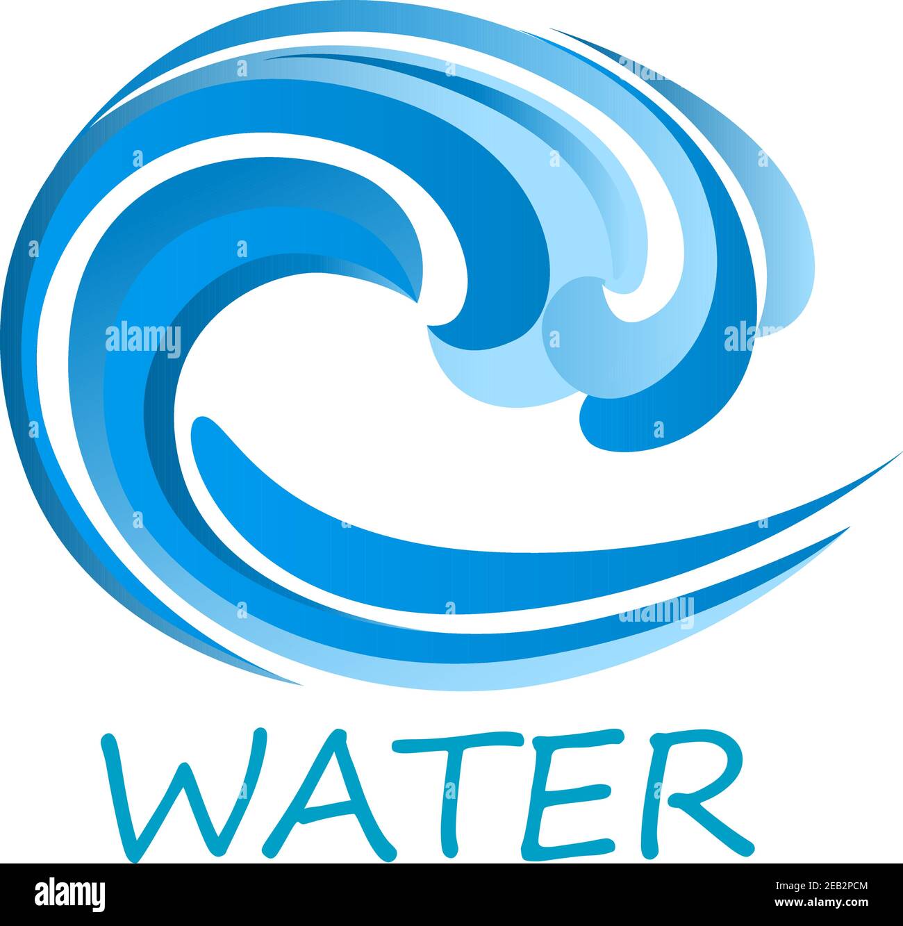 Icona astratta dell'onda dell'oceano blu con turbolenza dell'acqua ornamentale, isolata su sfondo bianco con acqua della didascalia Illustrazione Vettoriale