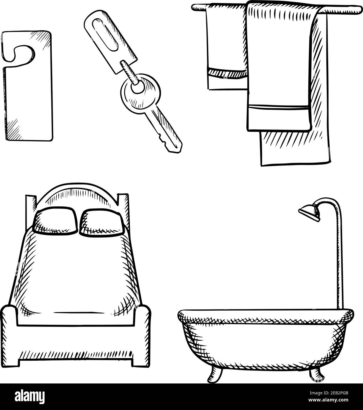 Disegno delle icone del servizio dell'hotel con chiave, etichetta della porta, letto comodo, bagno e set di asciugamani isolati su sfondo bianco Illustrazione Vettoriale