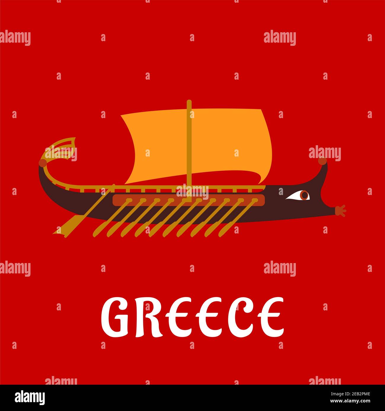 Antica cucina greca o nave piatta trireme. Nave da guerra a remi in legno con molti remi, arco ornamentale e vela arancione su sfondo rosso con didascalia G. Illustrazione Vettoriale