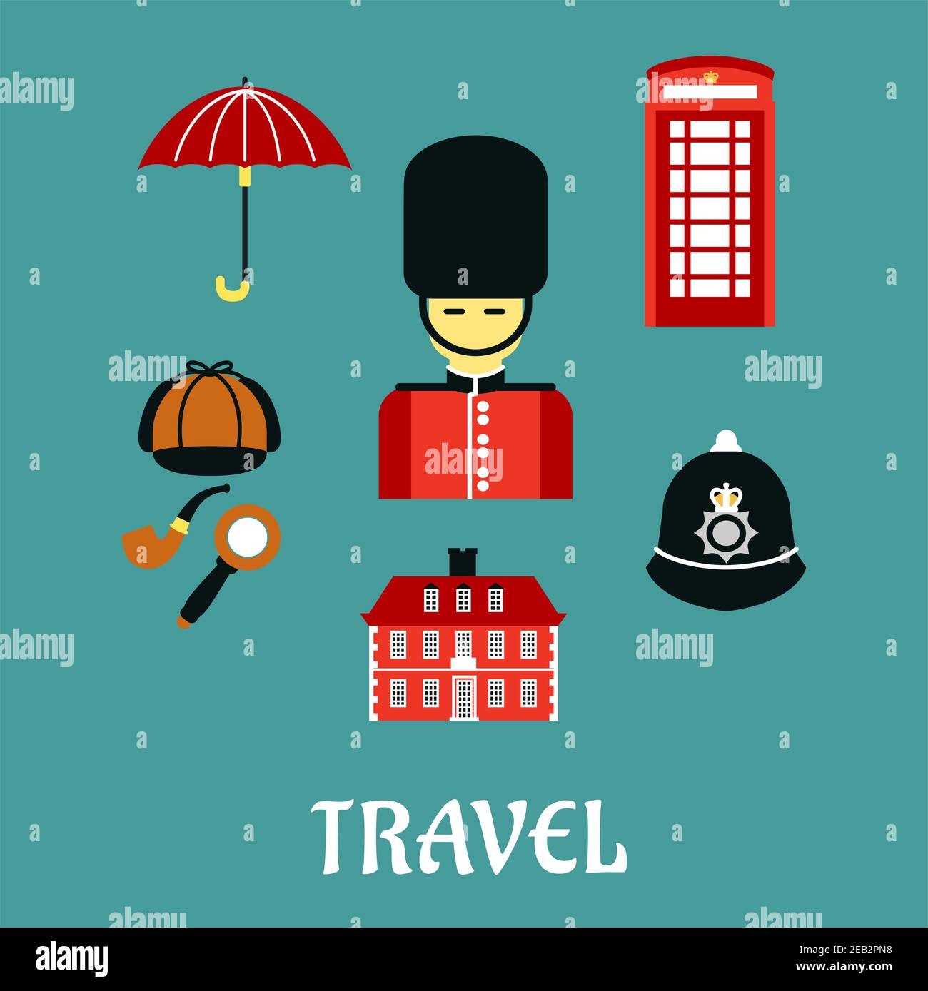 Gran Bretagna viaggio fiocchi e simboli con guardia soldato, cabina telefono rosso, casco di polizia, cappuccio detective, tubo e lente di ingrandimento, ombrello e ol Illustrazione Vettoriale