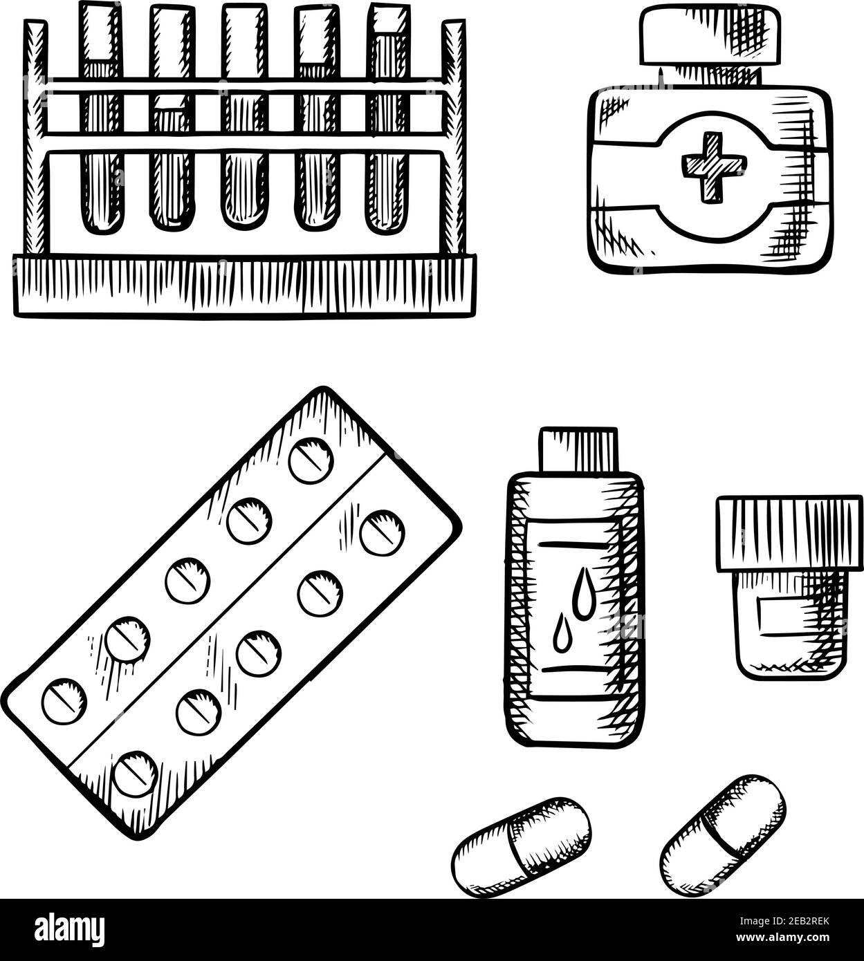 Rack per provette con analisi del sangue, flaconi per uso medico con pillole, gocce e unguento, compresse in blister e capsule isolate su sfondo bianco. S Illustrazione Vettoriale