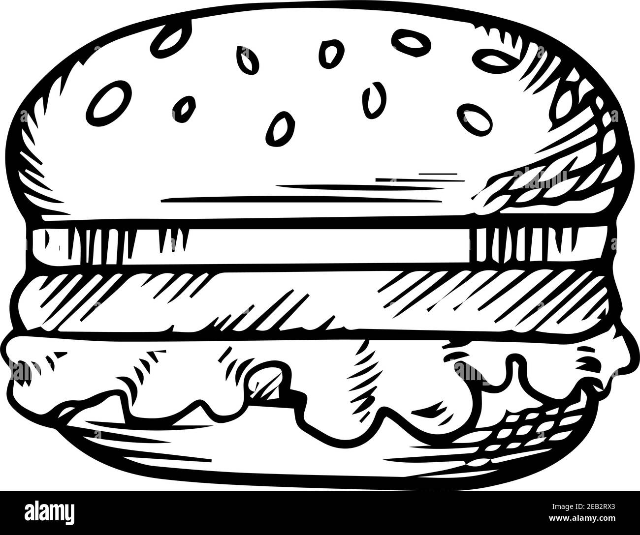 Schizzo in bianco e nero di un hamburger con una poltina di manzo su un panino di sesamo, per un tema di fast food Illustrazione Vettoriale