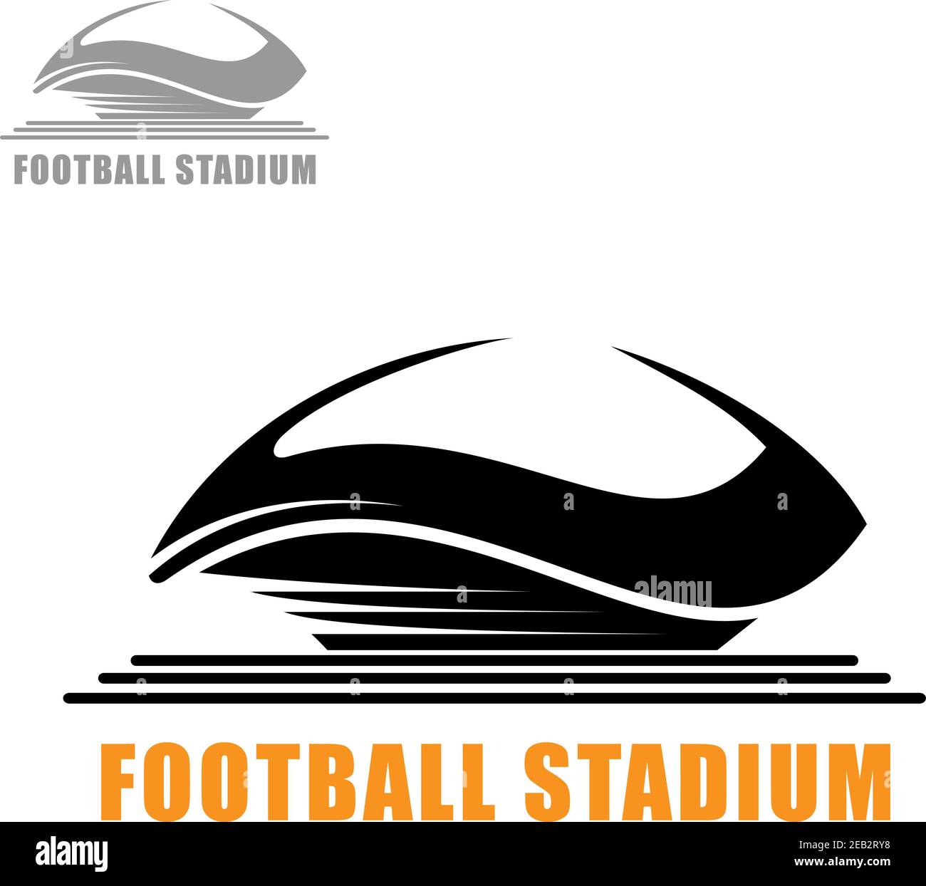 Moderna icona architettonica di uno stadio di calcio o di calcio con tetto a cupola ricurvo e testo Stadio di calcio sotto, per il design a tema sportivo Illustrazione Vettoriale