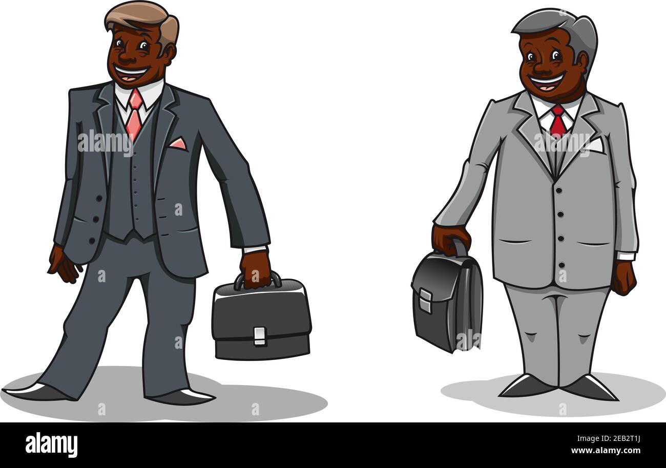 Cartoon uomini d'affari ben vestiti di pelle scura che trasportano le valigie. Per la progettazione di temi per team di ufficio Illustrazione Vettoriale