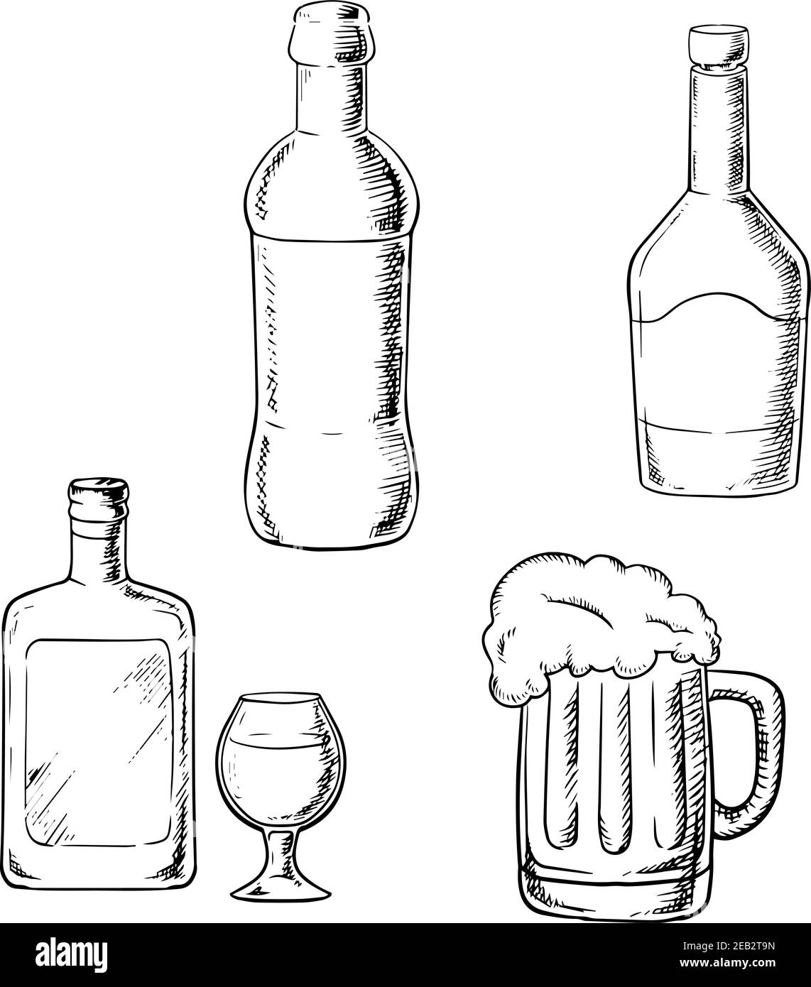 Bevande alcoliche con bottiglia di vino, liquore, whisky, bicchiere e tankard di birra isolati su sfondo bianco. Immagine di schizzo Illustrazione Vettoriale