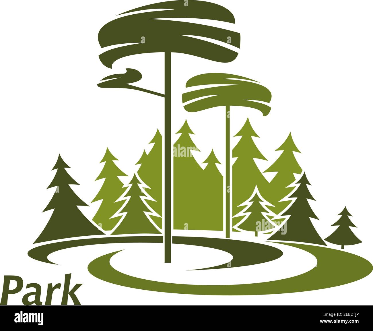 Foresta o parco icona con prato, pini sempreverdi e alberi di abete rosso lussureggiante isolato su sfondo bianco Illustrazione Vettoriale