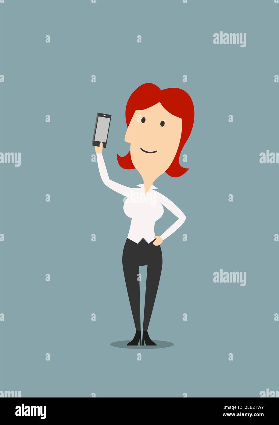 Donna d'affari sorridente rossa scattando ritratto selfie con smartphone, per social media o tema tecnologico, cartoon stile piatto Illustrazione Vettoriale