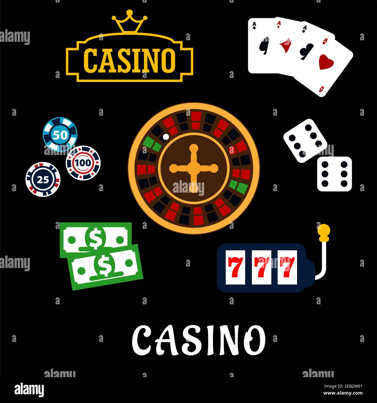 Icone piatte del casinò con i simboli della ruota della roulette, dadi, carte da gioco, gettoni da gioco, bollette del dollaro, cartellone con corona d'oro e mach slot Illustrazione Vettoriale