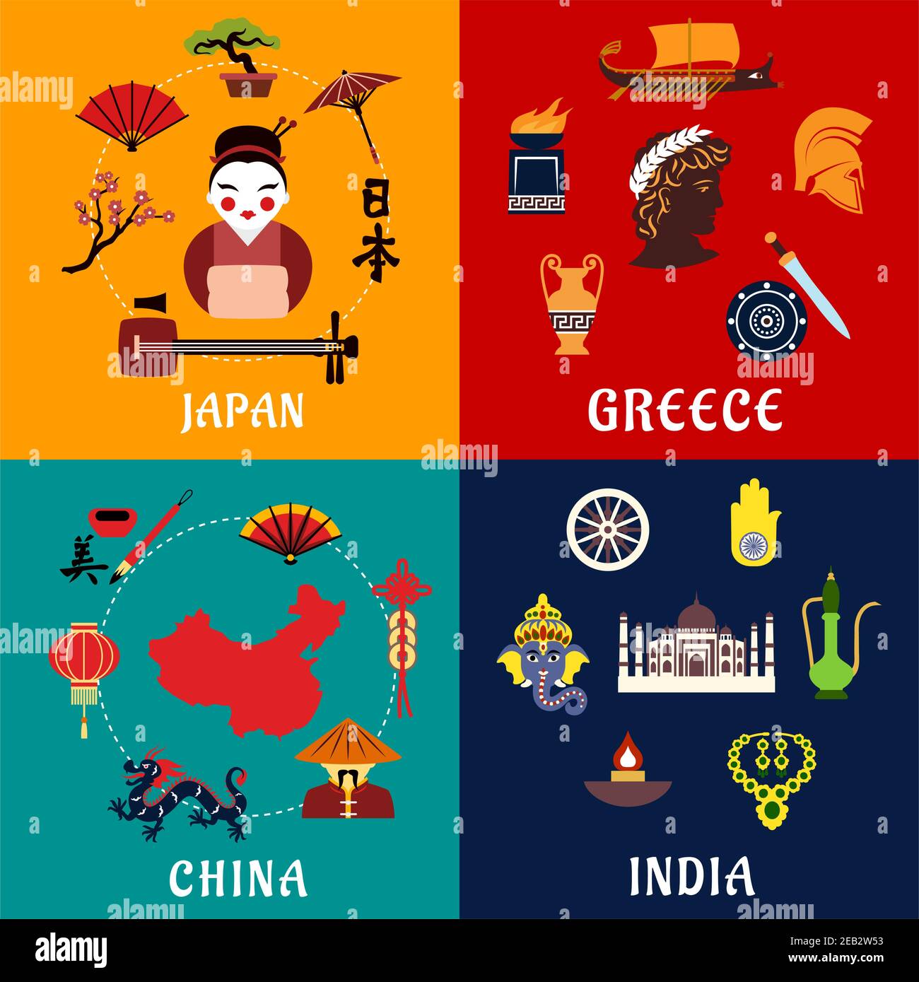 Cultura, tradizioni religiose, storia e patrimonio nazionale di Giappone, Cina, India e Grecia icone piatte. Per viaggi e temi turistici Illustrazione Vettoriale