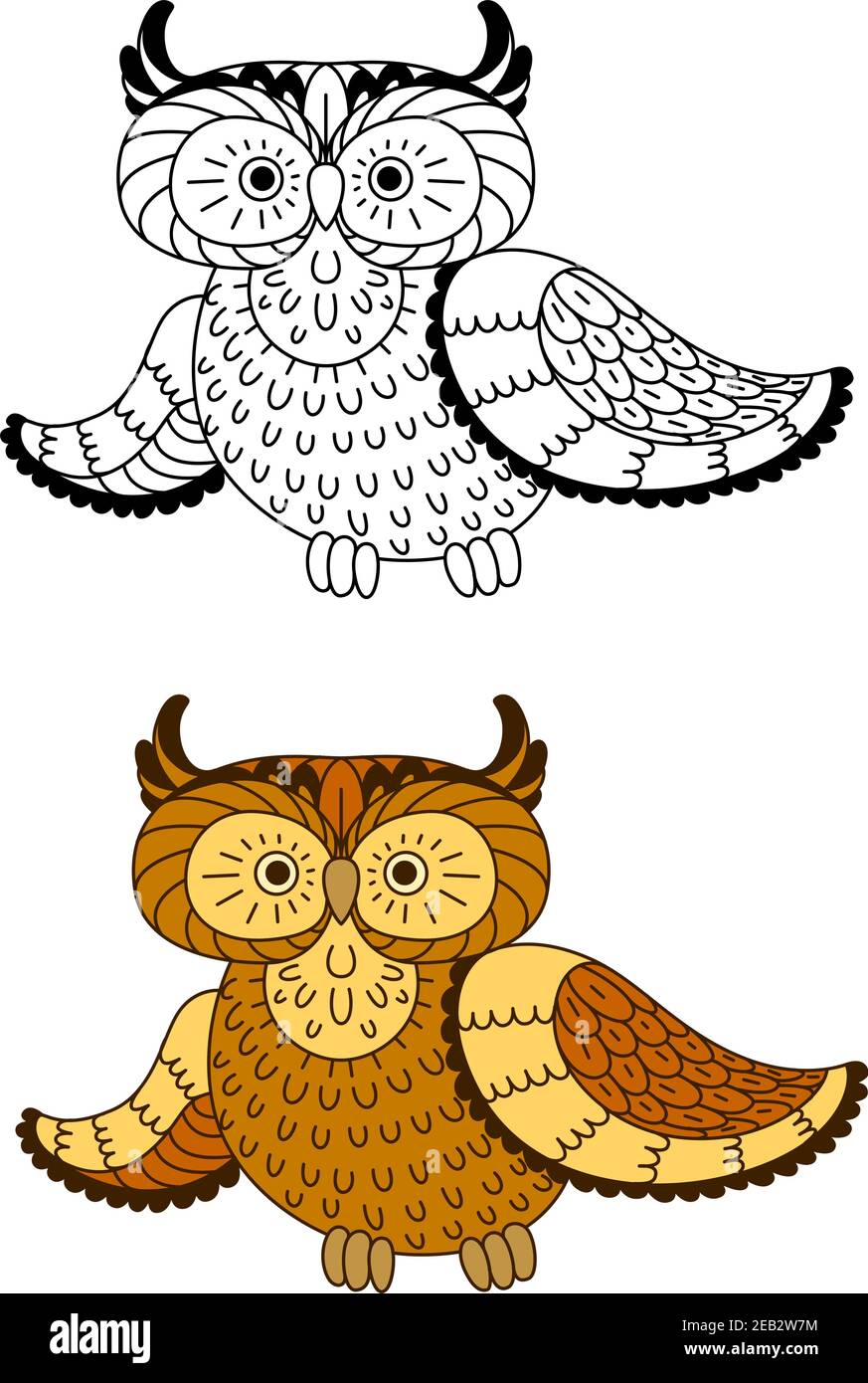 Uccello gufo di cartoni stilizzati con piume marroni e gialle, inclusa la seconda variante con uccello incolore in stile contorno. Per il disegno di tema di Halloween Illustrazione Vettoriale