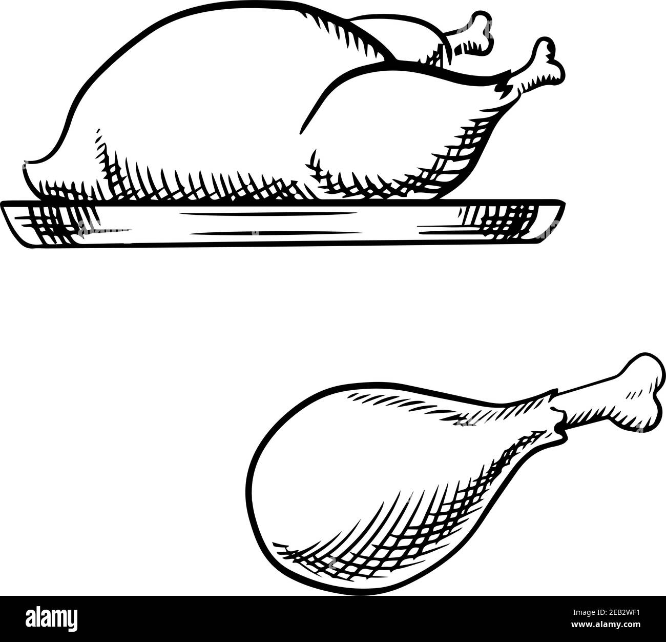 Pollo arrosto intero o tacchino su vassoio e gamba di pollo fritto, per il design dei temi alimentari. Icone di schizzo Illustrazione Vettoriale