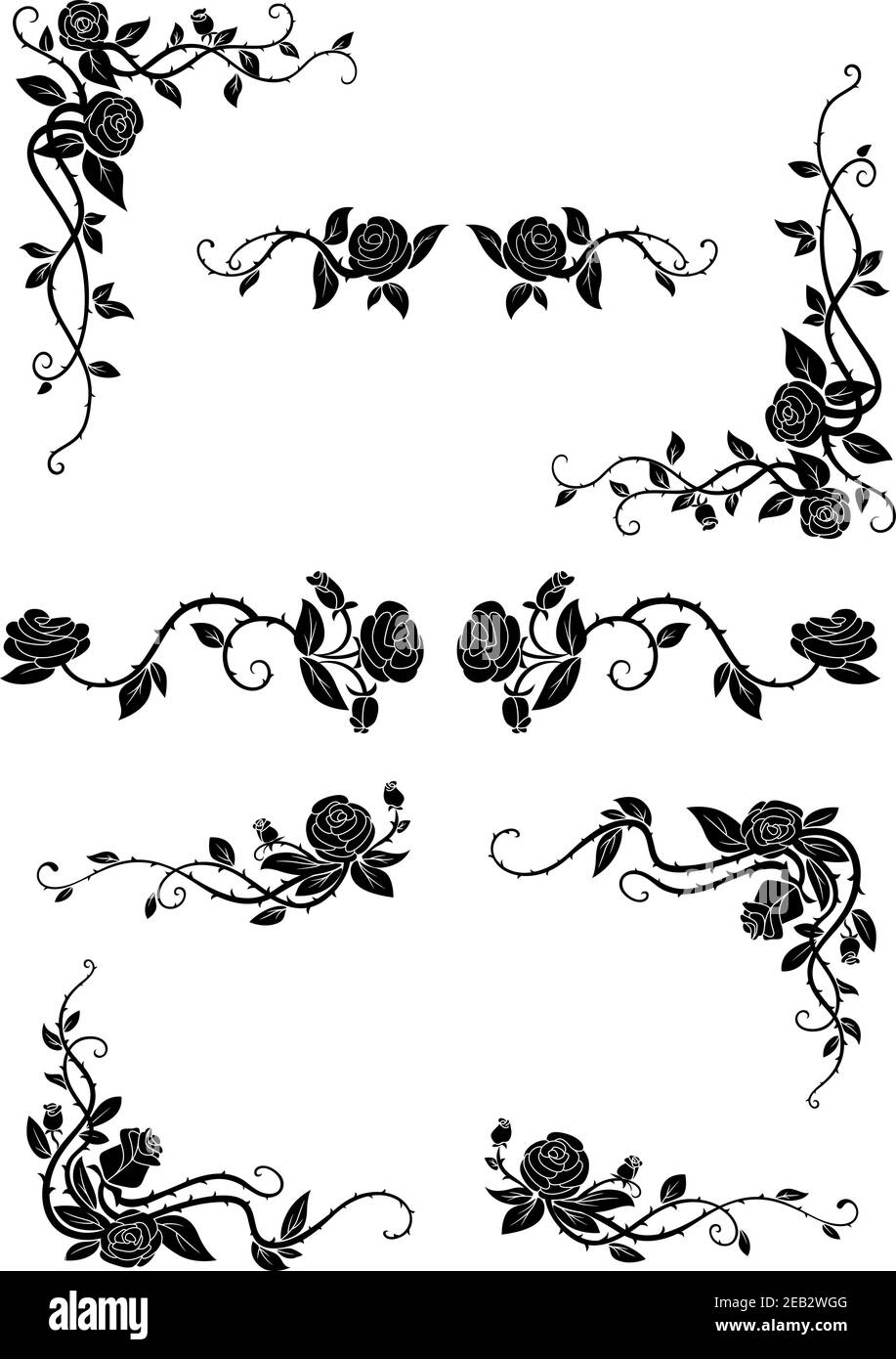 Vintage bordi floreali con rose fiorite, adornate da fiori lussureggianti e papille sinuose. Divisori e angoli retrò Illustrazione Vettoriale