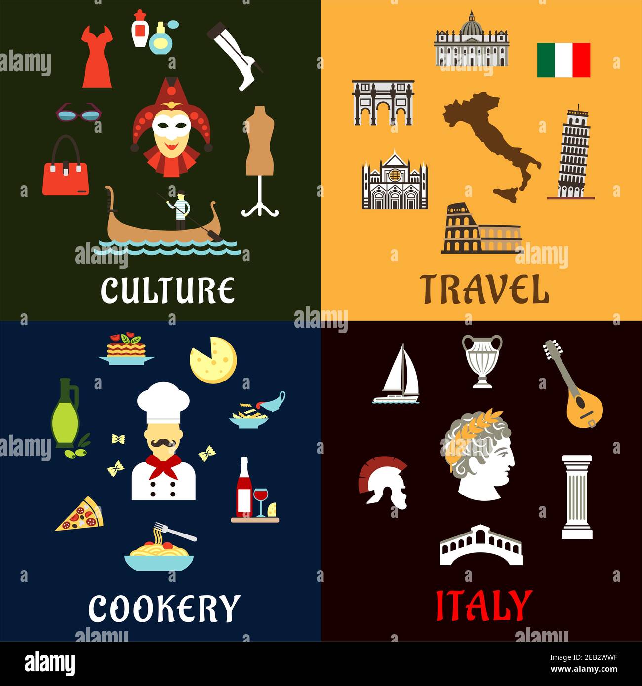 Concetto di viaggio in Italia con i simboli tradizionali dell'architettura, della storia, della cultura e della cucina italiana. Icone piatte Illustrazione Vettoriale