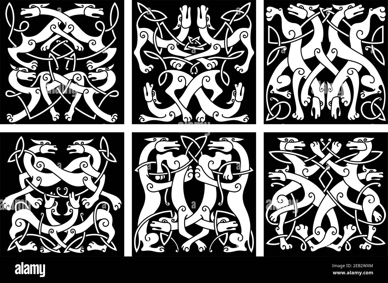 Motivi di nodo animale celtico con lupi o cani da gioco, decorati da ornamenti tribali geometrici, per tatuaggio o stemma araldico Illustrazione Vettoriale