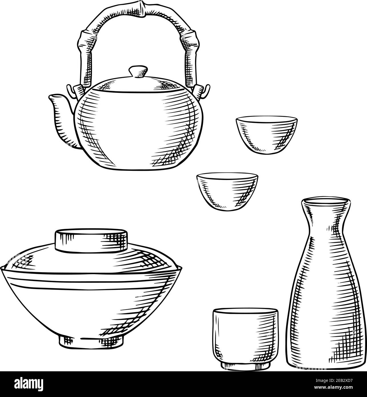 Icone giapponesi di disegno di stoviglie con il set di ceramica di sake, teiera di sushi di dobin con manico di bambù e riso di donburi o ciotola di zuppa Illustrazione Vettoriale