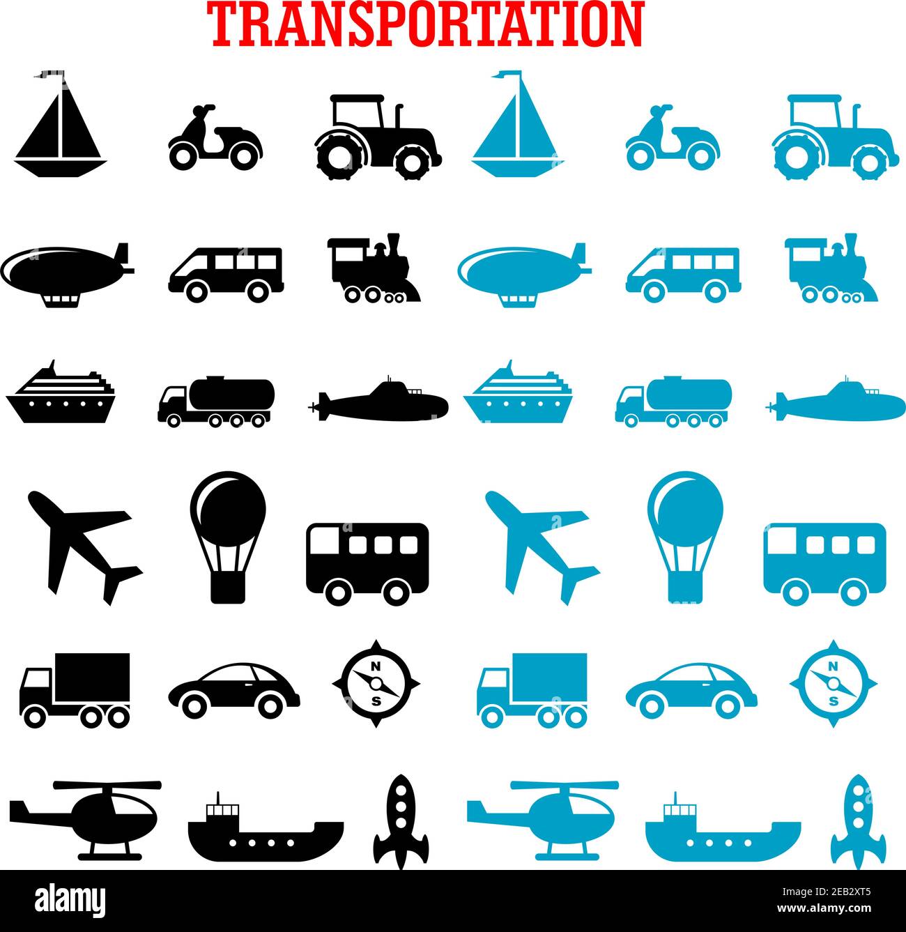 Icone per il trasporto piatto con auto, autobus, treno, camion, nave, aereo, moto, barca a vela, bussola, trattore, elicottero, razzo, sottomarino, Illustrazione Vettoriale