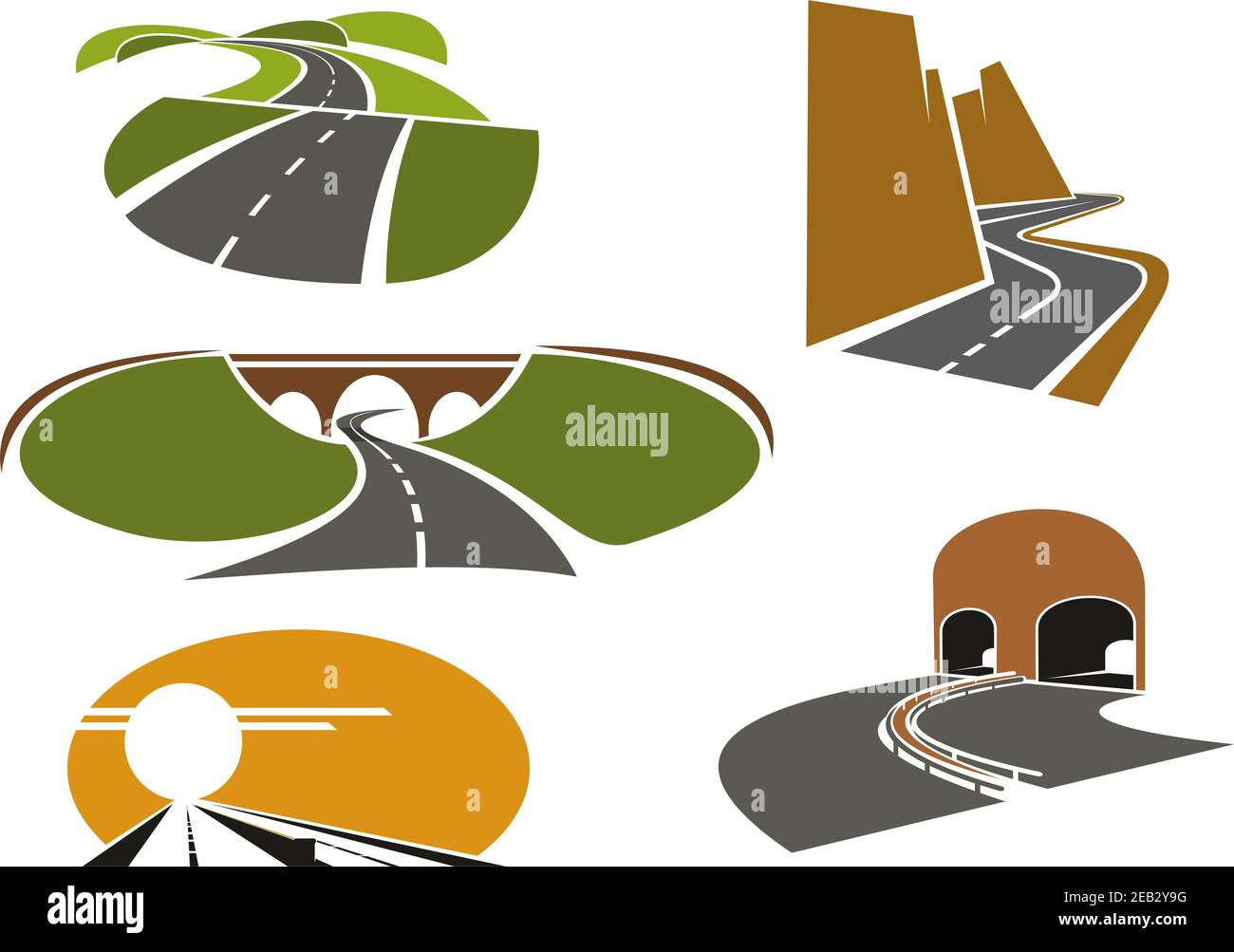 Strade montane e rurali, autostrade sottopassate con tunnel e ponti, superstrada moderna con icone di barriera medie, per il design di viaggi o trasporti Illustrazione Vettoriale