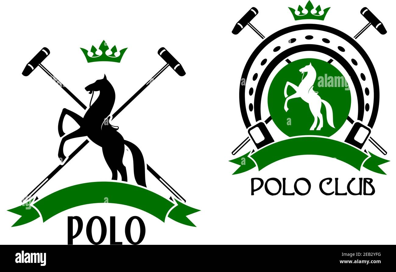 Polo club con emblemi sportivi con cavalli da allevamento, malletti incrociati e ferro di cavallo sullo sfondo, decorato da corone e striscioni a nastro Illustrazione Vettoriale