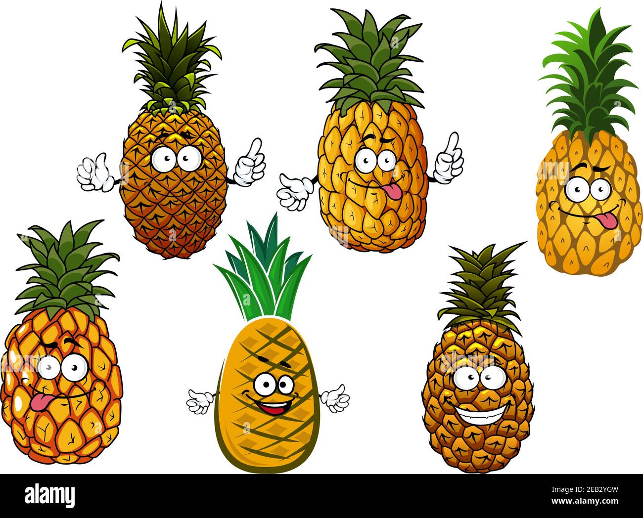 Simpatici succosi ananas tropicali frutta cartoni animati con ciuffi di foglie verdi fresche sulla sommità, isolati su bianco Illustrazione Vettoriale