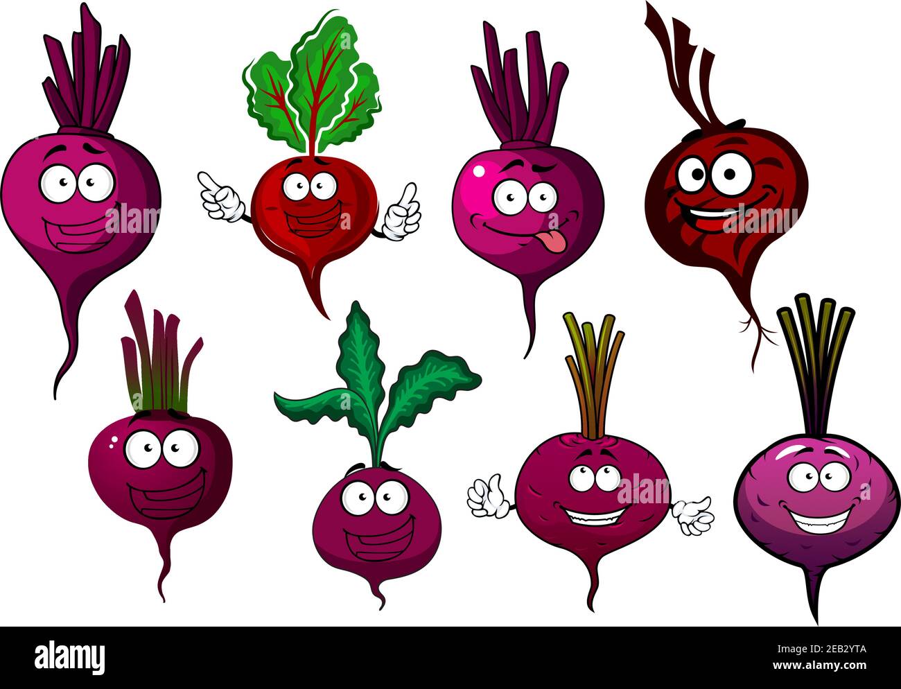 Cartoon barbabietola vegetali personaggi con taproots viola, verde e volti felici. Per cibo vegetariano o tema agricolo Illustrazione Vettoriale