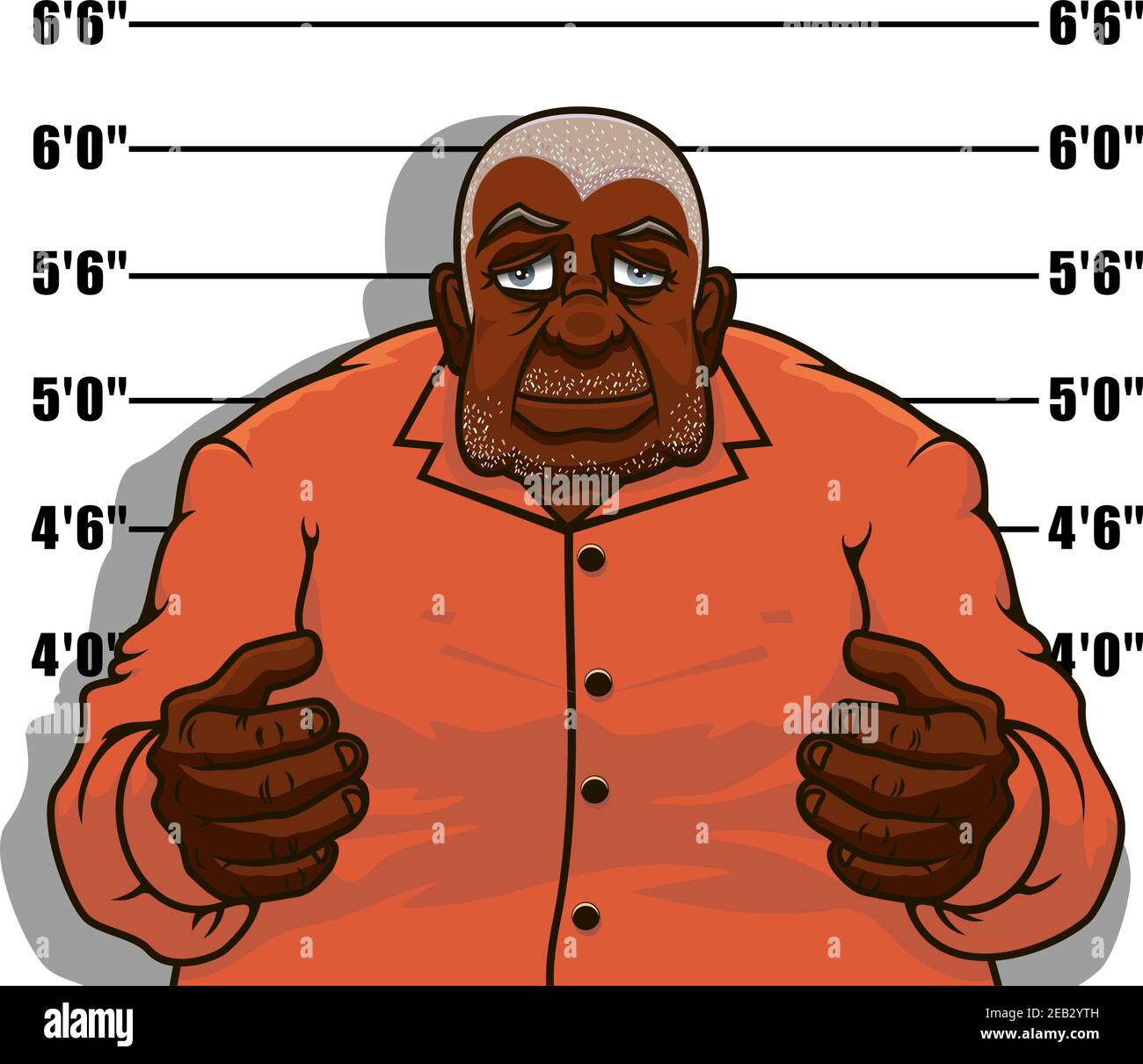 Arrestato cartoon afroamericano gangster uomo in posa per la polizia mugshot contro tabella altezza, per il tema della giustizia Illustrazione Vettoriale