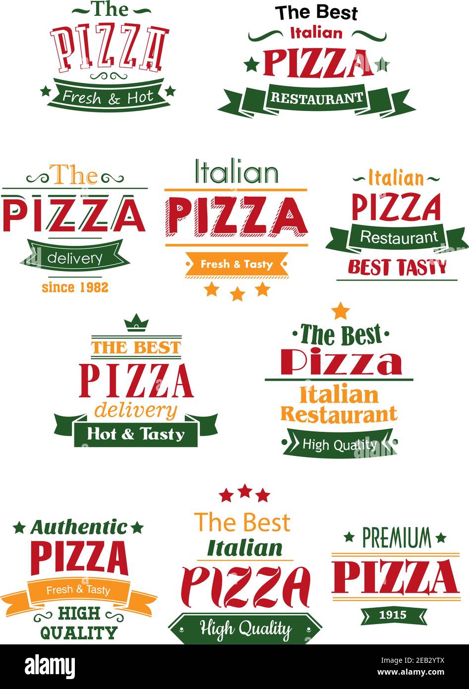 Gustosa pizza cafè o ristorante intestazioni o signboard design con testate italiano, alta qualità, consegna, migliore, fresco. Ornato da striscioni a nastro, stella Illustrazione Vettoriale