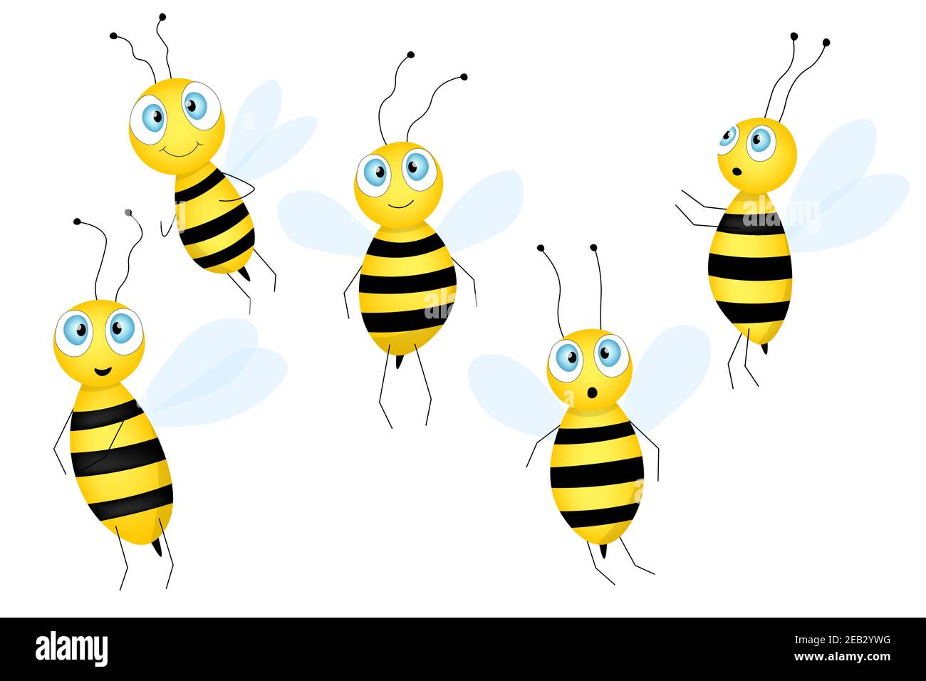 Grande set di carino mascotte di ape cartoon. Una piccola api vola. Raccolta WASP. Carattere vettoriale. Icona di insetto. Modello per invito, schede Illustrazione Vettoriale