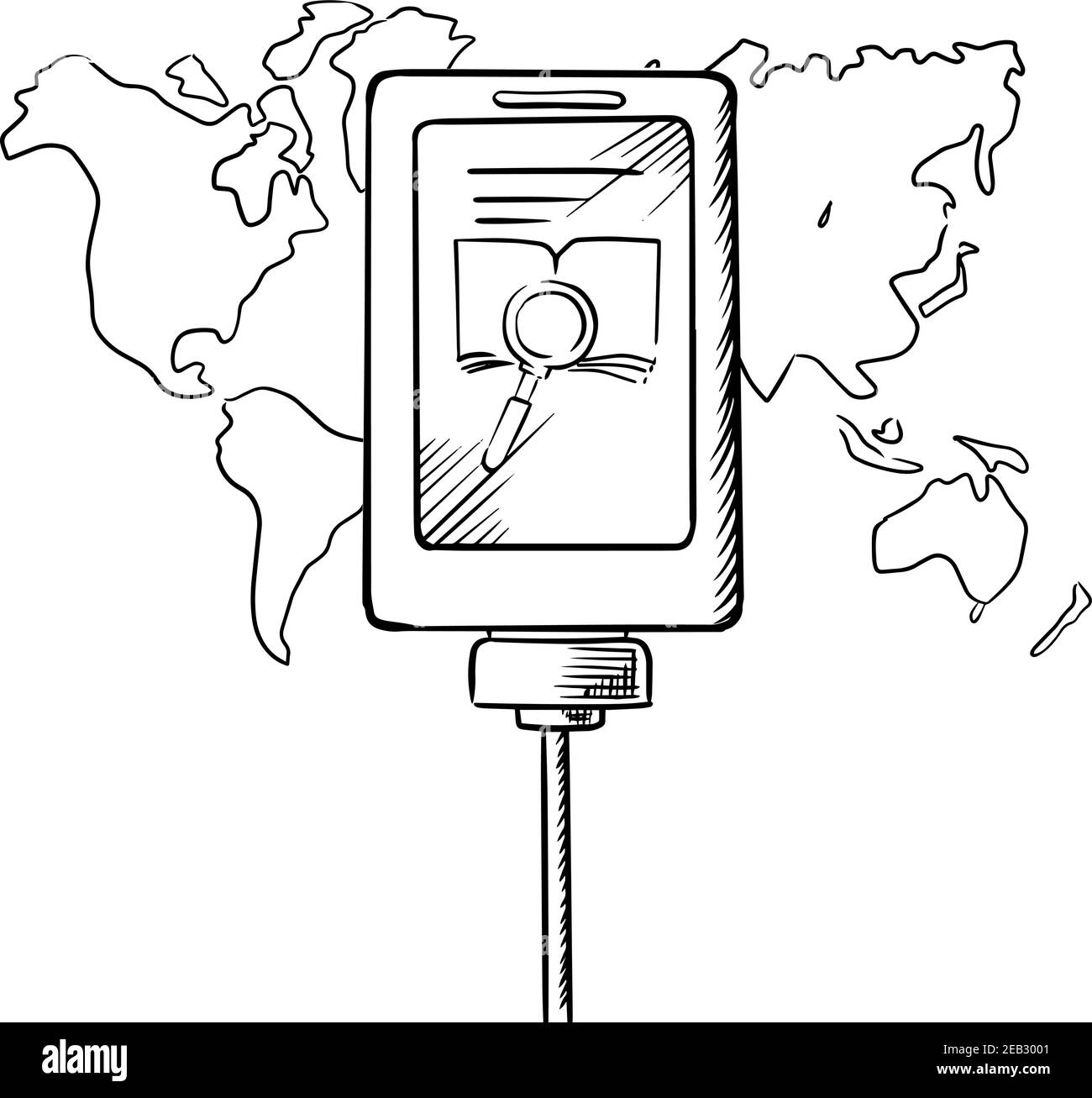 Icona del Tablet pc con lente di ingrandimento su un display con mappa del mondo sullo sfondo. Immagine di schizzo per il disegno di tema di tecnologia del Internet di ricerca Illustrazione Vettoriale