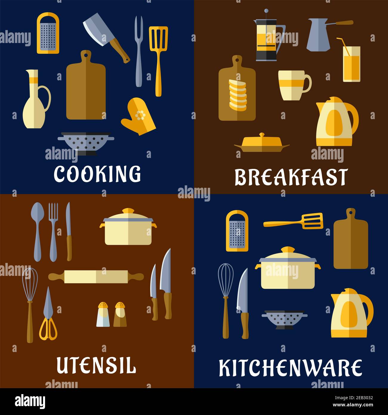 Utensili da cucina e utensili da cucina icone piatti di pentole, bollitori, coltelli, pentole per tè e caffè, taglieri, spatole, forchette, cucchiai, graticci, fruste Illustrazione Vettoriale