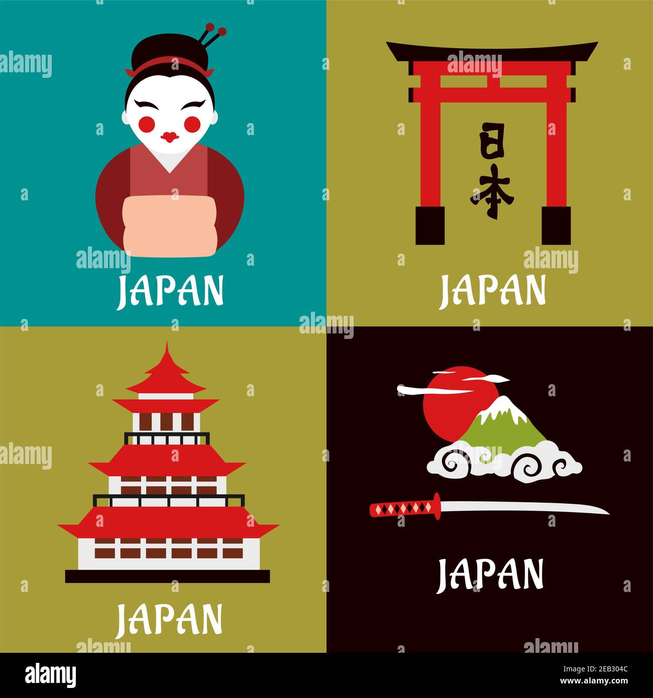 Cultura giapponese, religione e tradizioni icone piatte con pagoda, Fuji paesaggio montano, spada katana, geisha e tori gate. Elementi del tema del viaggio Illustrazione Vettoriale