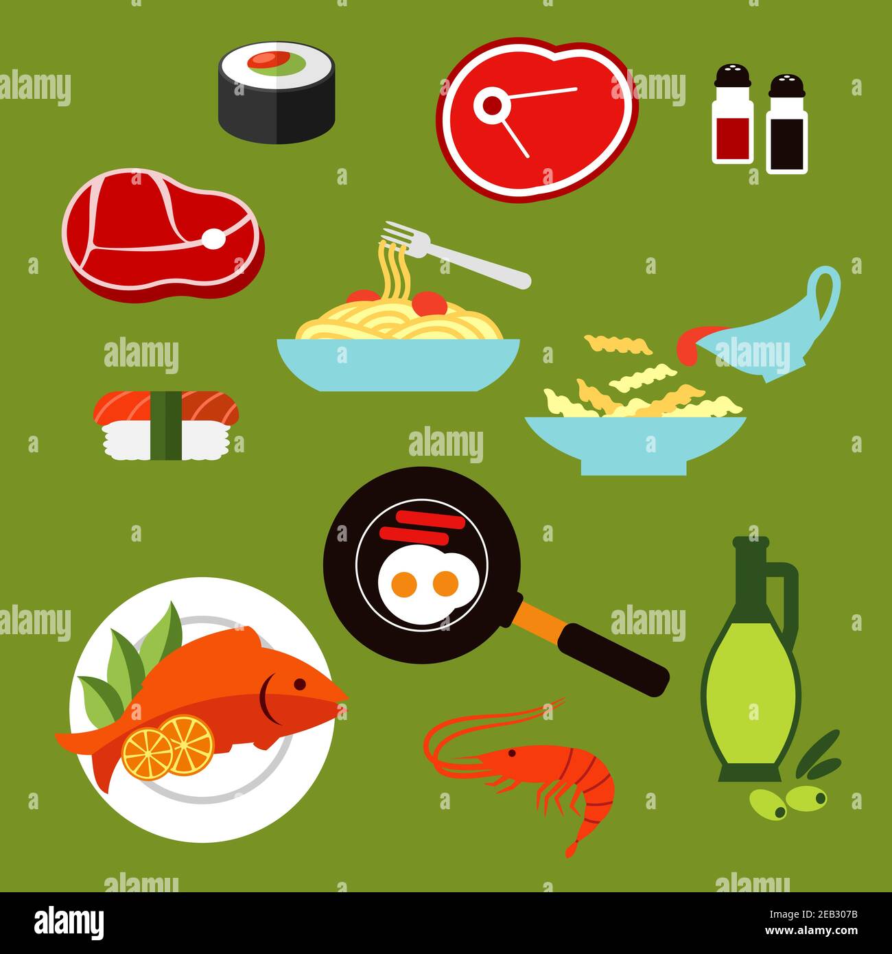 Cibo sano icone piatte di sushi roll e nigiri, pasta e spaghetti con salsa, bistecche di manzo crudo, pesce alla griglia, gamberi, uova fritte con salsicce, oli Illustrazione Vettoriale