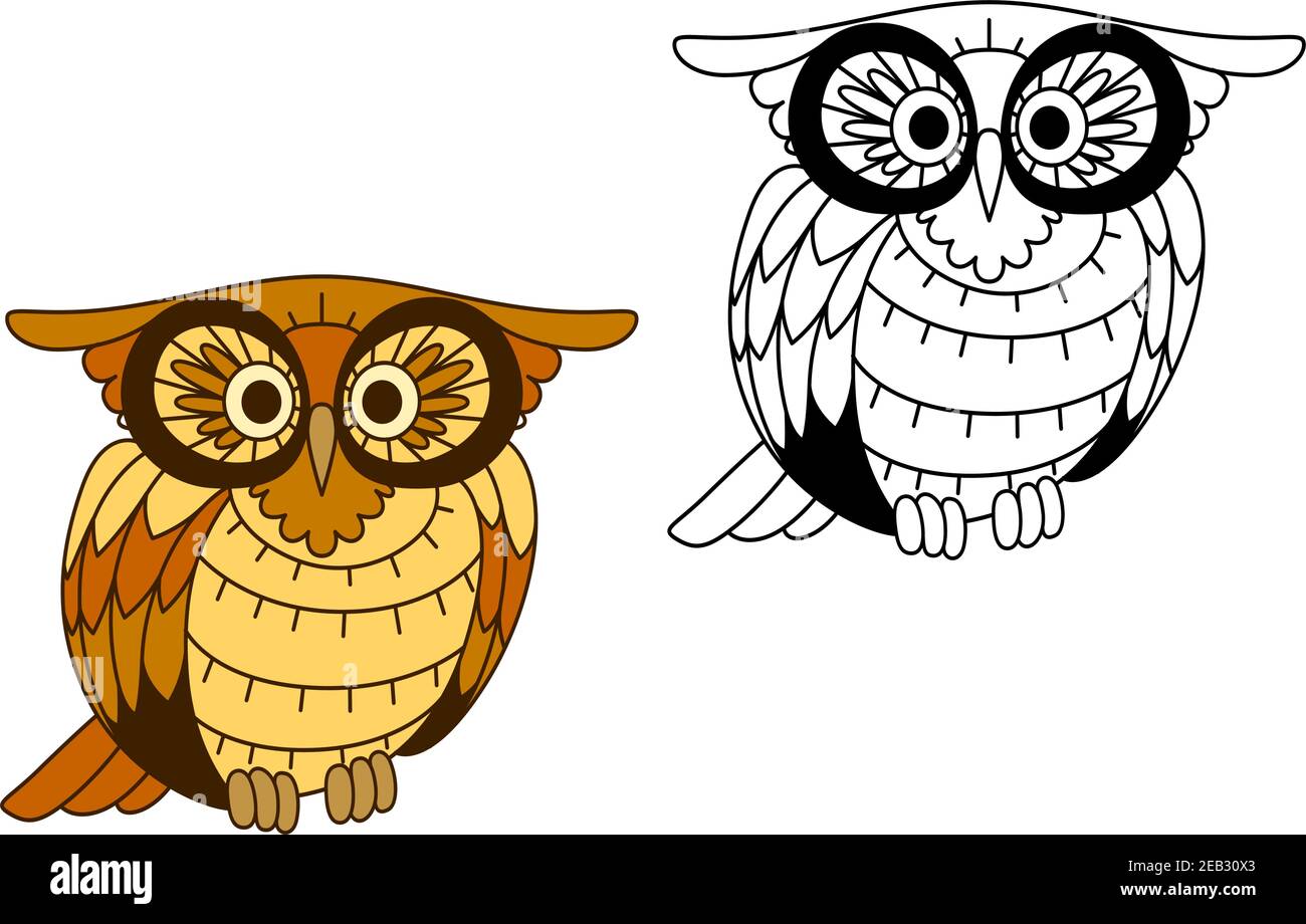 Uccello di gufo di cartone animato con piumaggio giallo e marrone e grandi occhi, per l'educazione o la progettazione della fauna selvatica Illustrazione Vettoriale