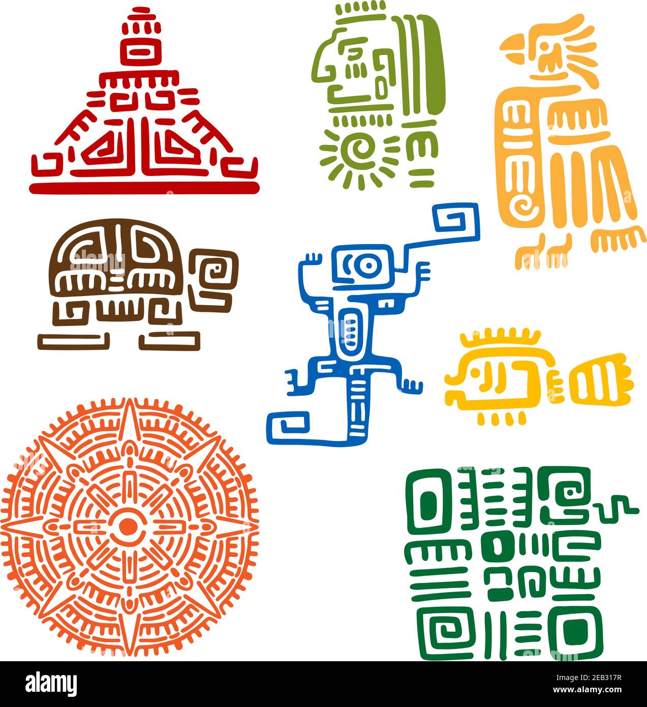 Antichi totem maya e azteco o segni religiosi con colorati simboli di sole, uccello, serpente, tartaruga, pesce, lucertola, piramide e guerriero. Per tatuaggio o. Illustrazione Vettoriale