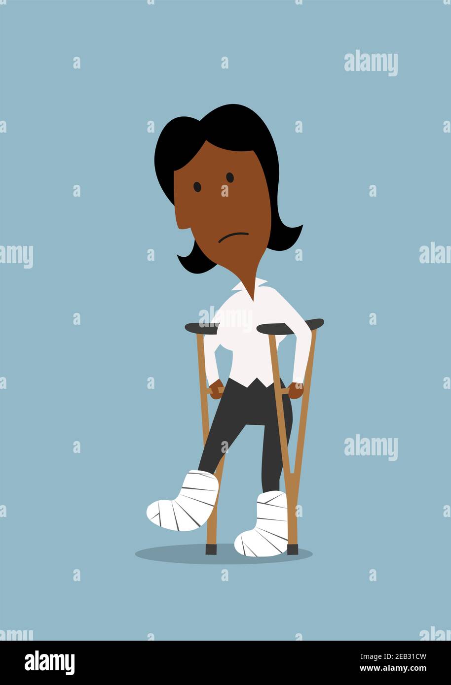 Cartoon ferito donna d'affari afroamericana con gambe bandate che camminano su stampelle. Assicurazione sanitaria o progetto di concetto di incidente di lavoro Illustrazione Vettoriale