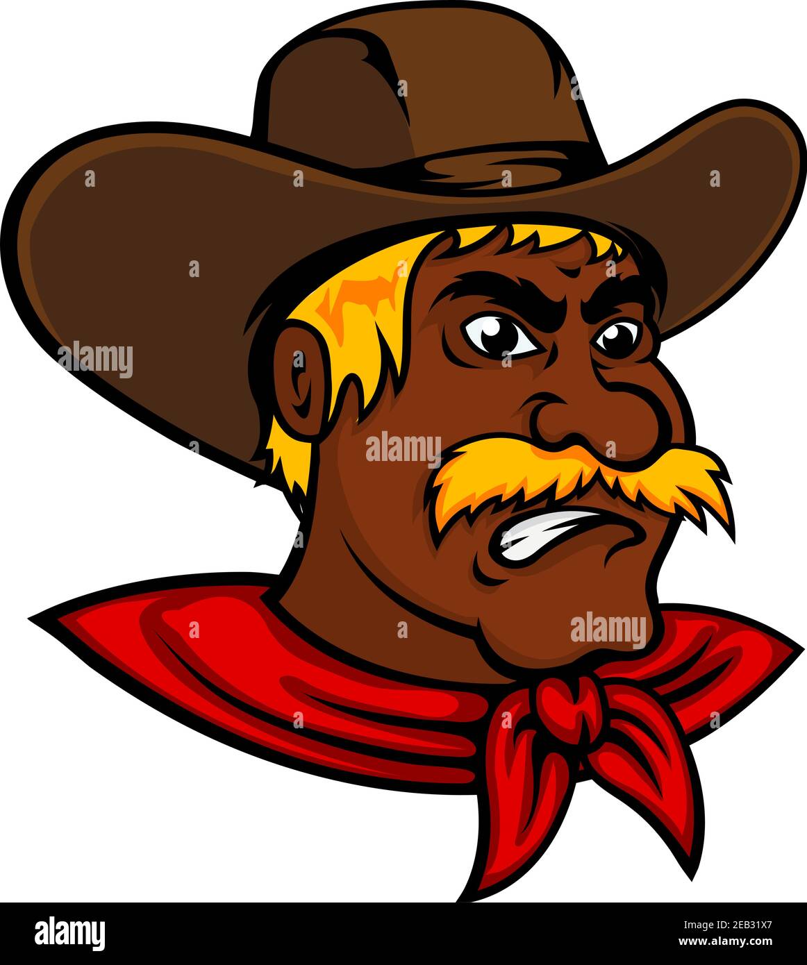Coraggioso personaggio dei cowboy afroamericani con baffi lussureggianti e cappello in pelle marrone, per l'avventura selvaggia ovest o il design a tema agricolo Illustrazione Vettoriale