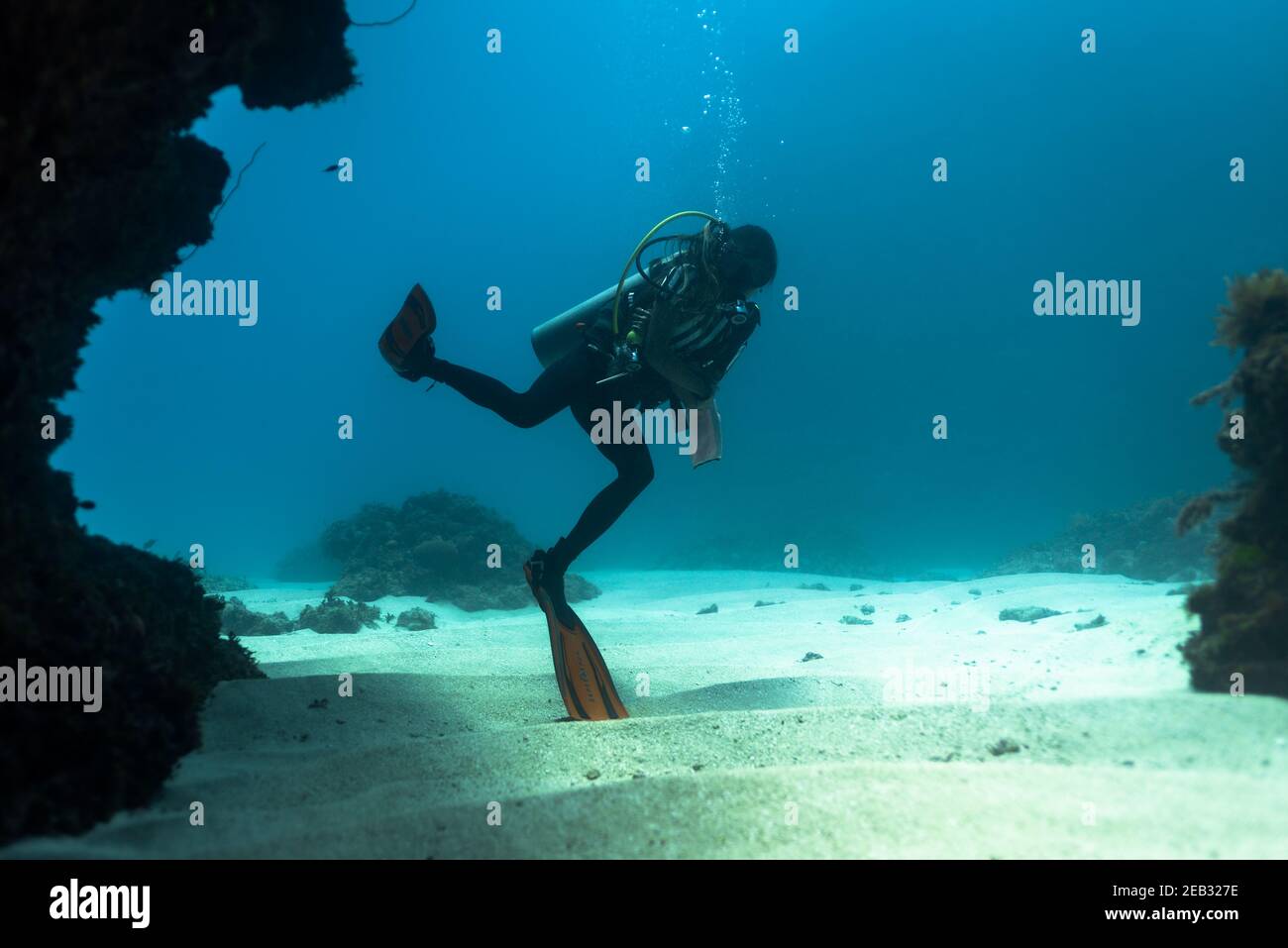 Scuba diving ragazza in mare blu aperto e blu cielo Foto Stock