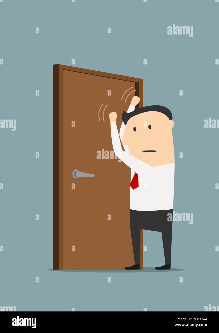 Un uomo d'affari arrabbiato che bussa a una porta chiusa. Concetto di opportunità e possibilità di progettazione Illustrazione Vettoriale
