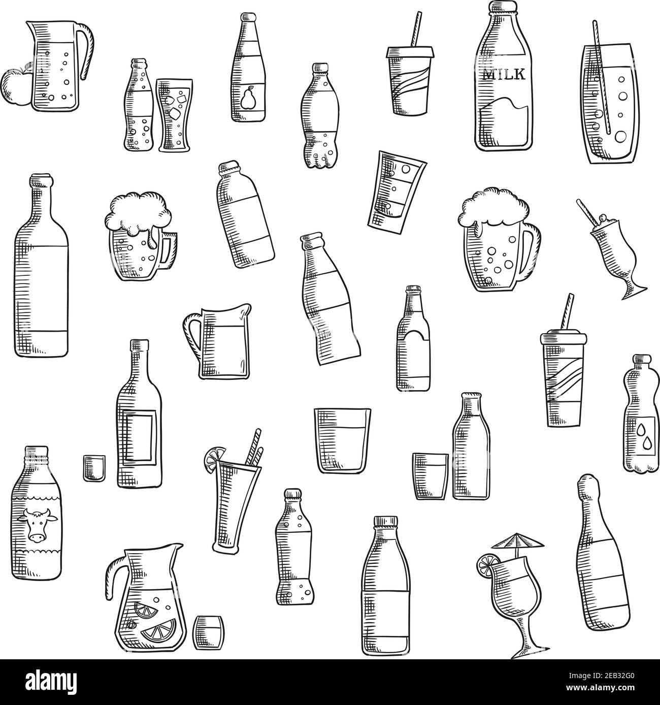 Bevande, cocktail e bevande icone piatti di vino e birra, vodka e acqua, soda e succo di frutta, latte e bottiglie di champagne, birra tankards e cocktail g Illustrazione Vettoriale