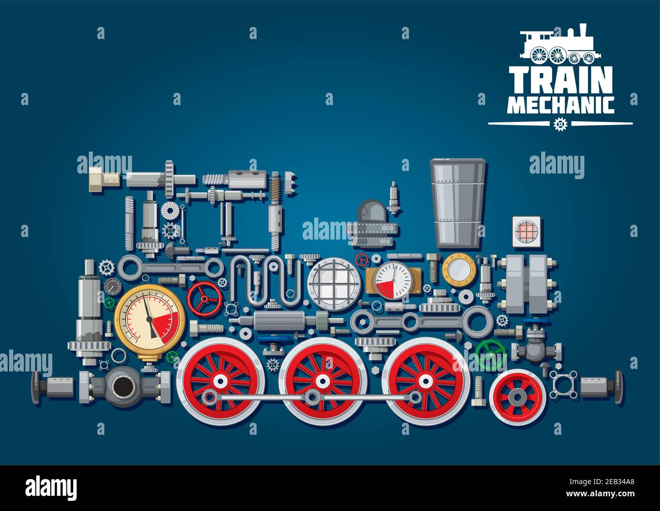 Treno locomotivo a vapore composto da parti meccaniche come motore a vapore, sistema di trasmissione, cambio, ruote dentate, manometri colorati, valvole, in funzione Illustrazione Vettoriale